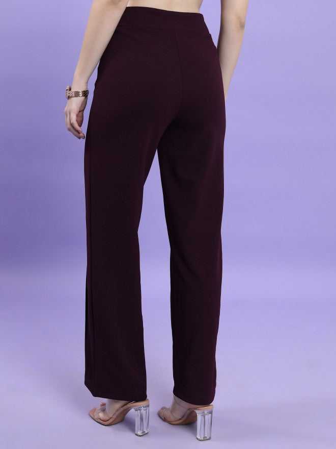 Tokyo Talkies Women Plum Flared Solid Casual Trouser - Purple - Image 3