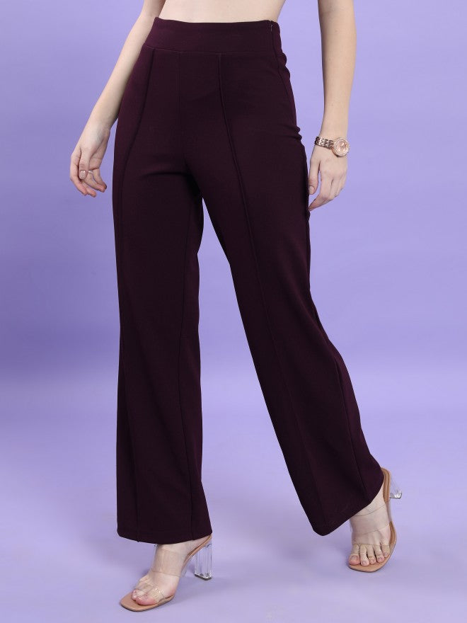 Tokyo Talkies Women Plum Flared Solid Casual Trouser - Purple - Image 4