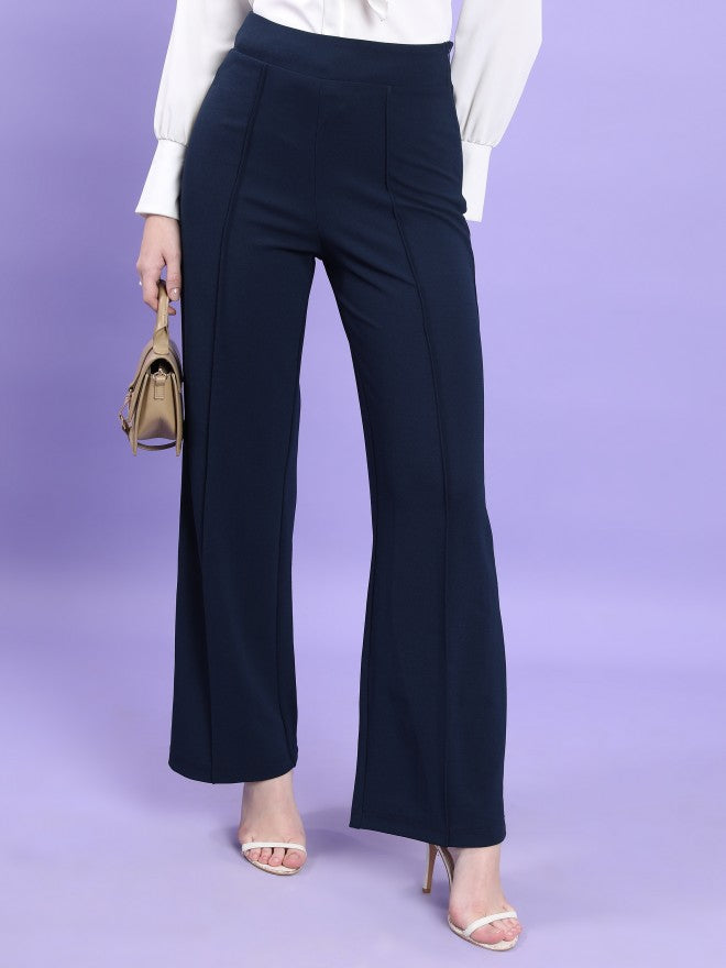 Tokyo Talkies Women Navy Blue Solid Flared Casual Trouser - Navy Blue - Image 1