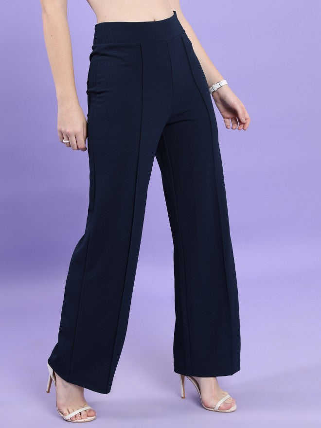 Tokyo Talkies Women Navy Blue Solid Flared Casual Trouser - Navy Blue - Image 6