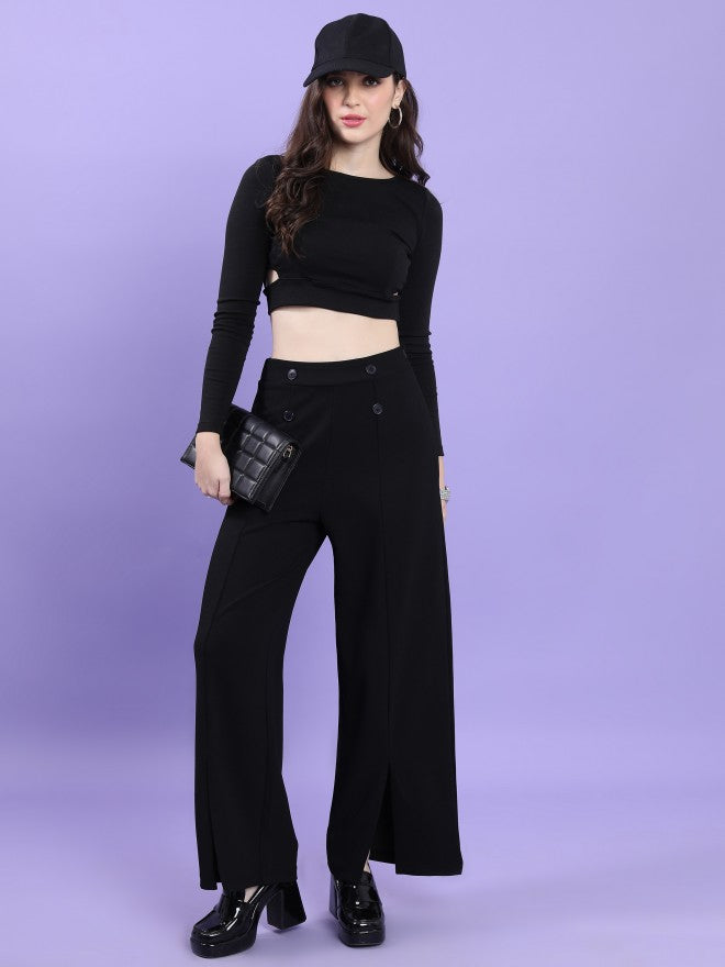 Tokyo Talkies Women Black Solid Flared Casual Trouser - Black - Image 2