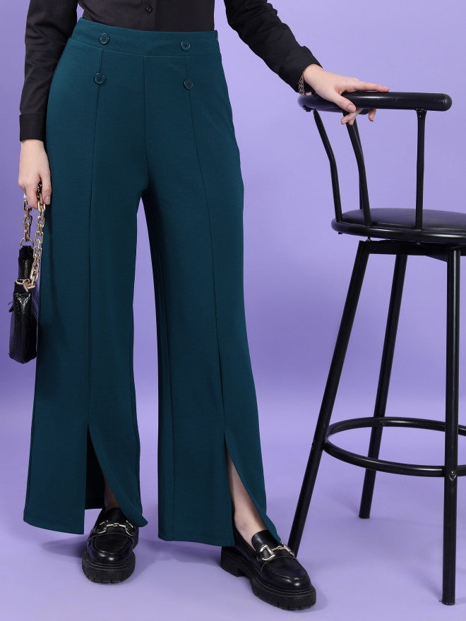 Tokyo Talkies Women Teal Solid Flared Casual Trouser - Teal - Image 1
