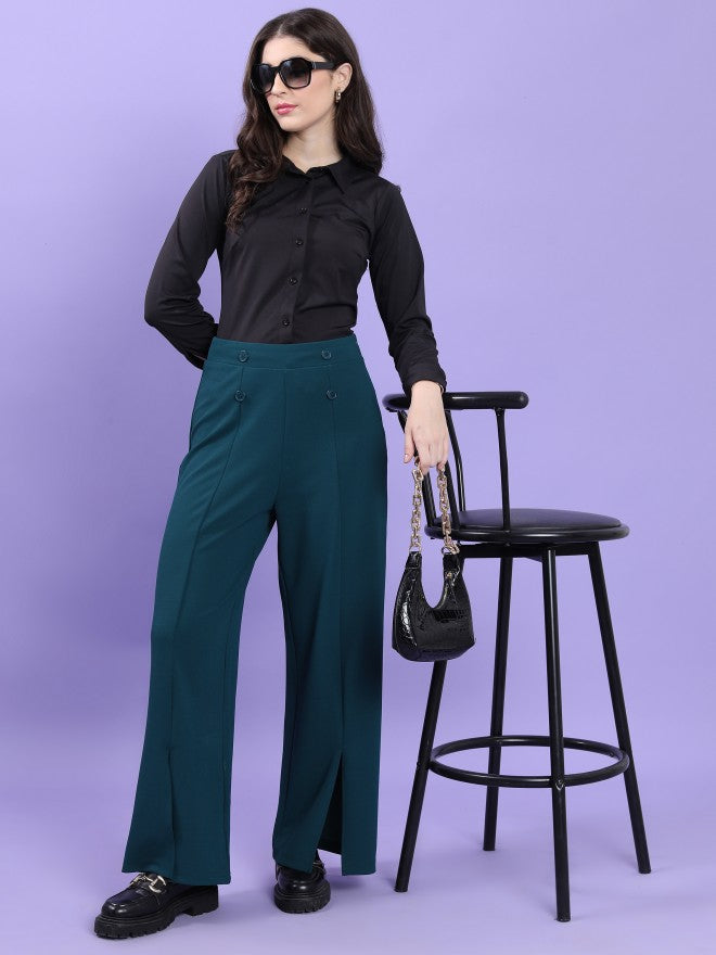 Tokyo Talkies Women Teal Solid Flared Casual Trouser - Teal - Image 2