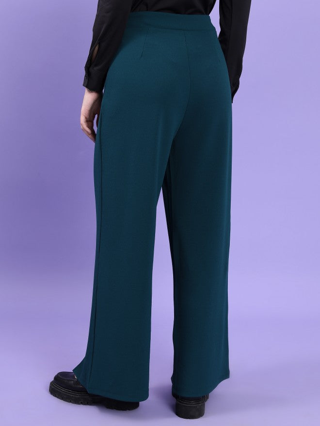 Tokyo Talkies Women Teal Solid Flared Casual Trouser - Teal - Image 3