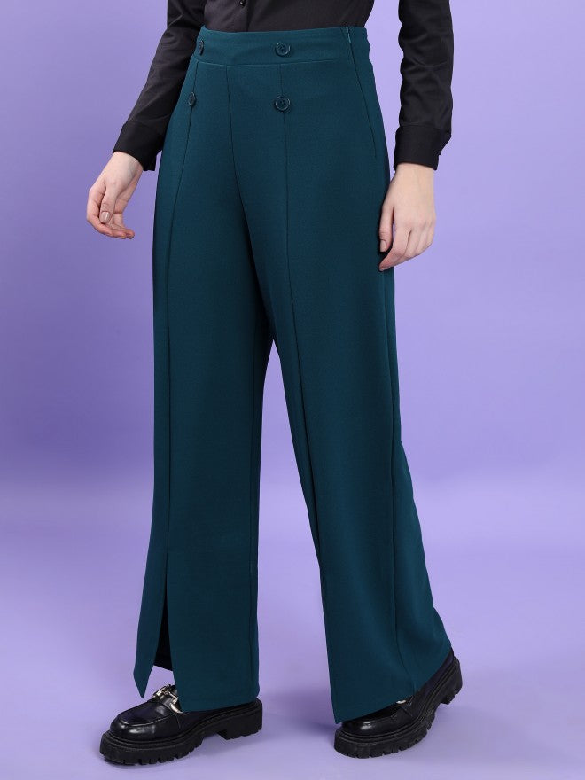 Tokyo Talkies Women Teal Solid Flared Casual Trouser - Teal - Image 4
