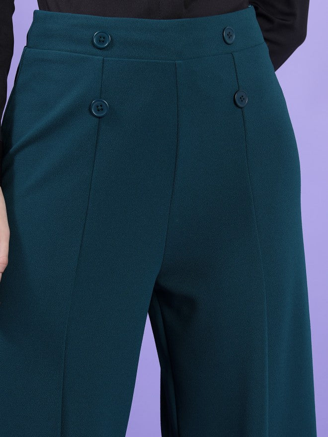 Tokyo Talkies Women Teal Solid Flared Casual Trouser - Teal - Image 5
