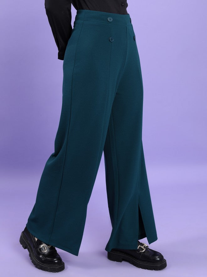 Tokyo Talkies Women Teal Solid Flared Casual Trouser - Teal - Image 6