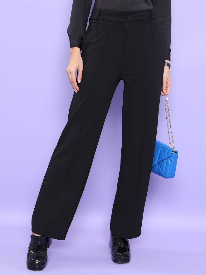 Tokyo Talkies Women Black Solid Straight Fit Casual Trouser - Black - Image 1