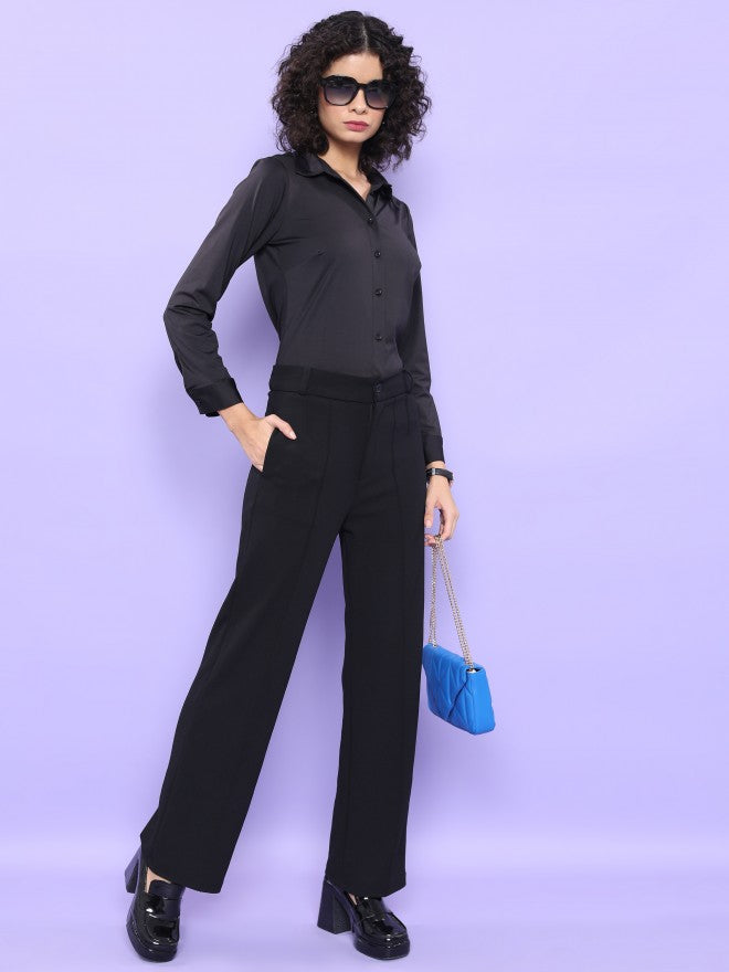 Tokyo Talkies Women Black Solid Straight Fit Casual Trouser - Black - Image 2