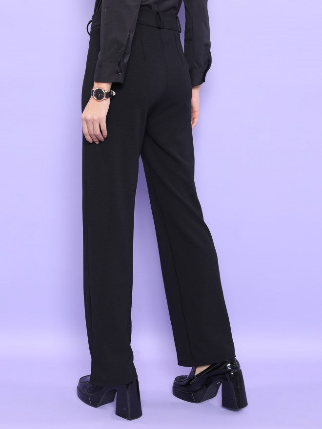 Tokyo Talkies Women Black Solid Straight Fit Casual Trouser - Black - Image 3
