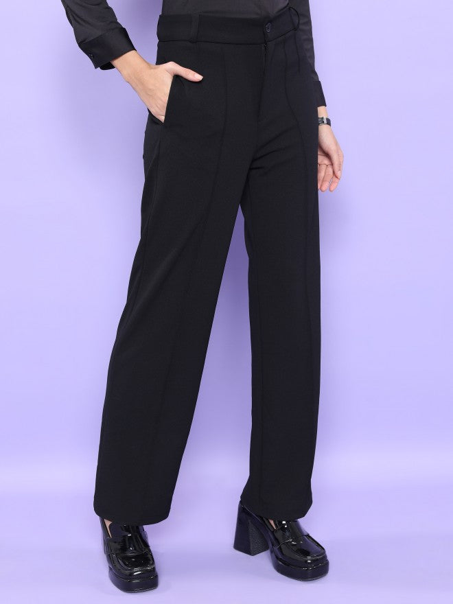 Tokyo Talkies Women Black Solid Straight Fit Casual Trouser - Black - Image 6