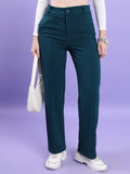 Tokyo Talkies Women Teal Solid Straight Fit Casual Trouser - Teal - Image 1