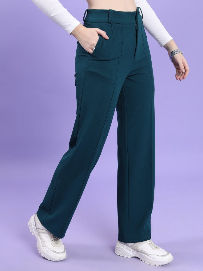 Tokyo Talkies Women Teal Solid Straight Fit Casual Trouser - Teal - Image 6