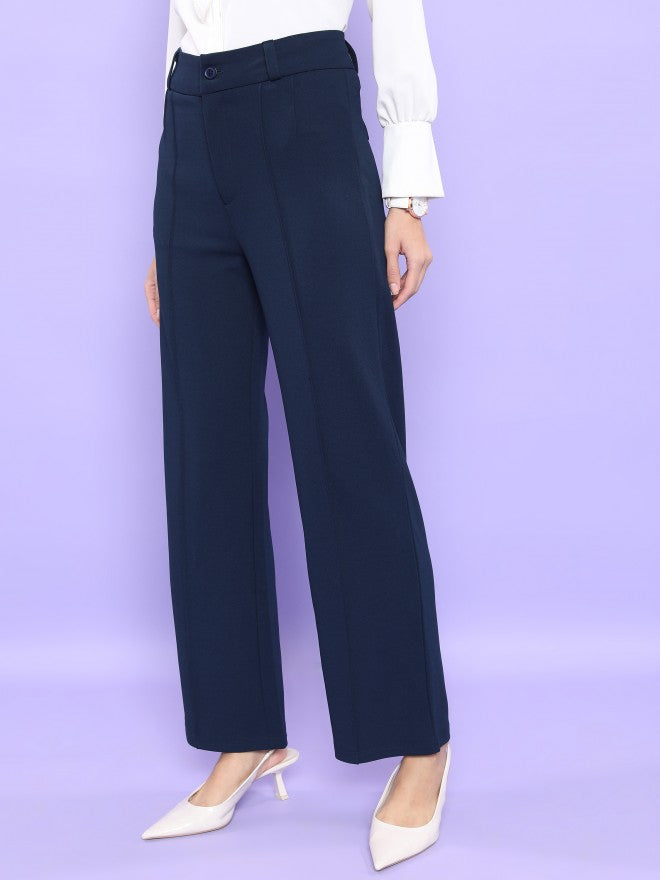 Tokyo Talkies Women Navy Blue Solid Straight Fit Casual Trouser - Navy Blue - Image 4