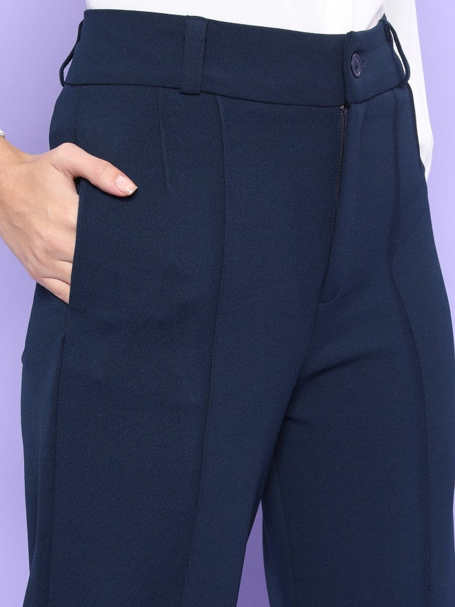 Tokyo Talkies Women Navy Blue Solid Straight Fit Casual Trouser - Navy Blue - Image 5