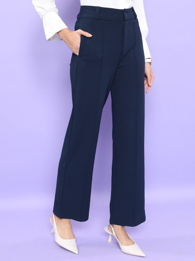 Tokyo Talkies Women Navy Blue Solid Straight Fit Casual Trouser - Navy Blue - Image 6