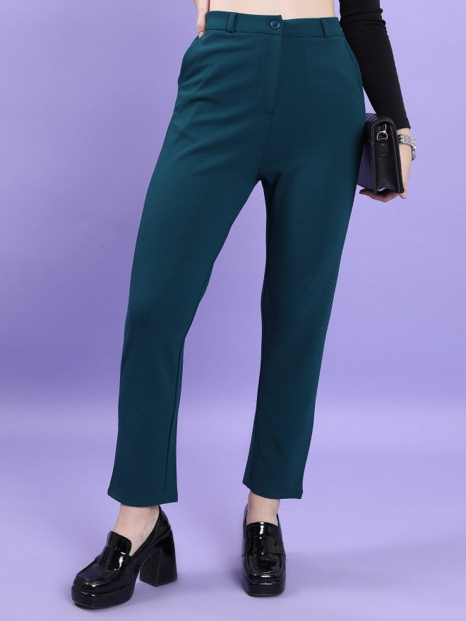 Tokyo Talkies Women Teal Solid Slim Fit Casual Trouser - Teal - Image 1