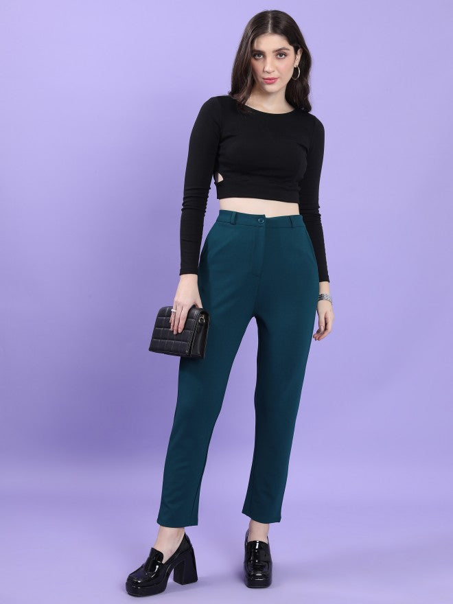 Tokyo Talkies Women Teal Solid Slim Fit Casual Trouser - Teal - Image 2