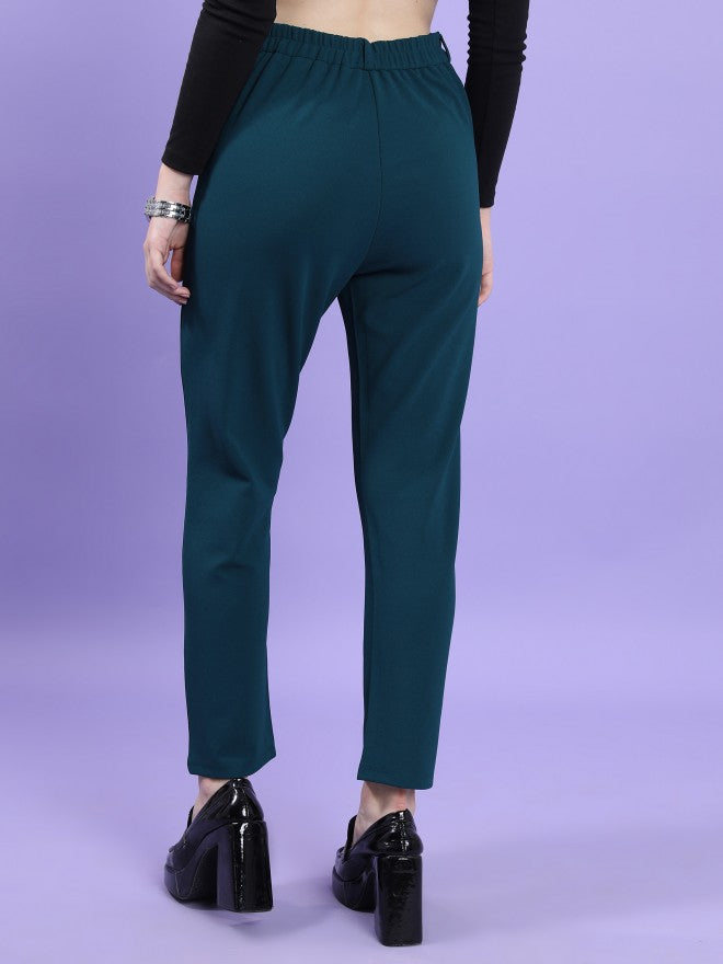 Tokyo Talkies Women Teal Solid Slim Fit Casual Trouser - Teal - Image 3