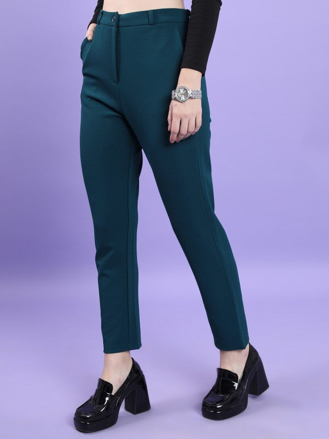 Tokyo Talkies Women Teal Solid Slim Fit Casual Trouser - Teal - Image 4