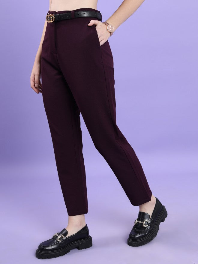 Tokyo Talkies Women Purple Solid Slim Fit Casual Trouser - Purple - Image 4