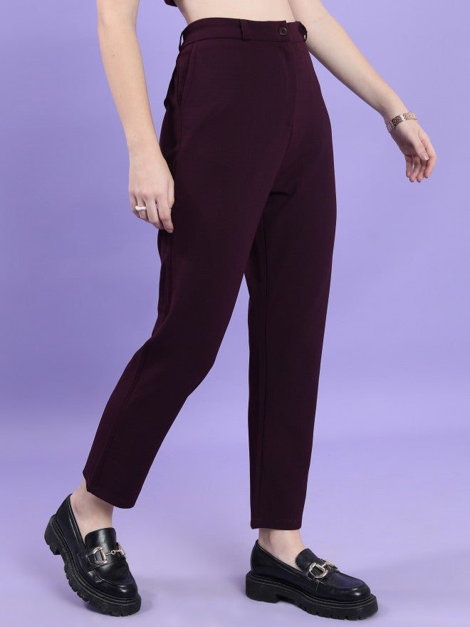 Tokyo Talkies Women Purple Solid Slim Fit Casual Trouser - Purple - Image 6
