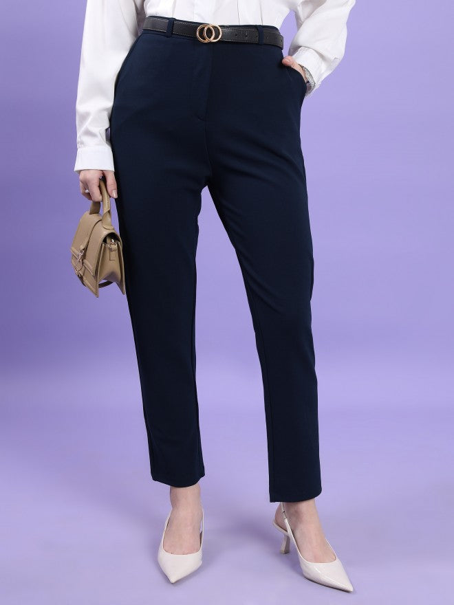 Tokyo Talkies Women Navy Blue Solid Slim Fit Casual Trouser - Navy Blue - Image 1