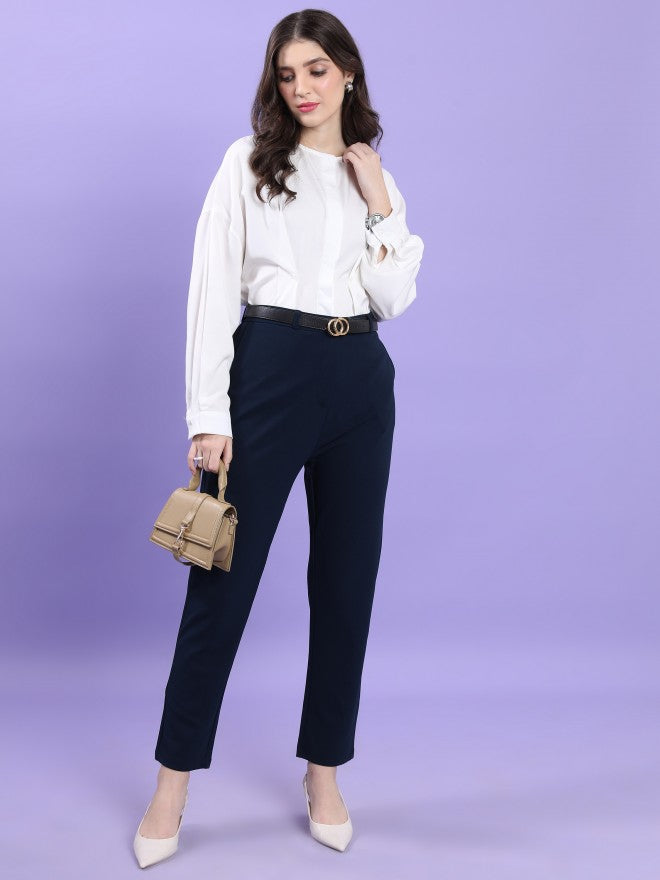 Tokyo Talkies Women Navy Blue Solid Slim Fit Casual Trouser - Navy Blue - Image 2