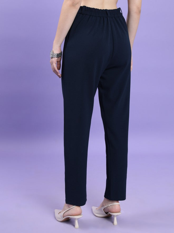 Tokyo Talkies Women Navy Blue Solid Slim Fit Casual Trouser - Navy Blue - Image 3