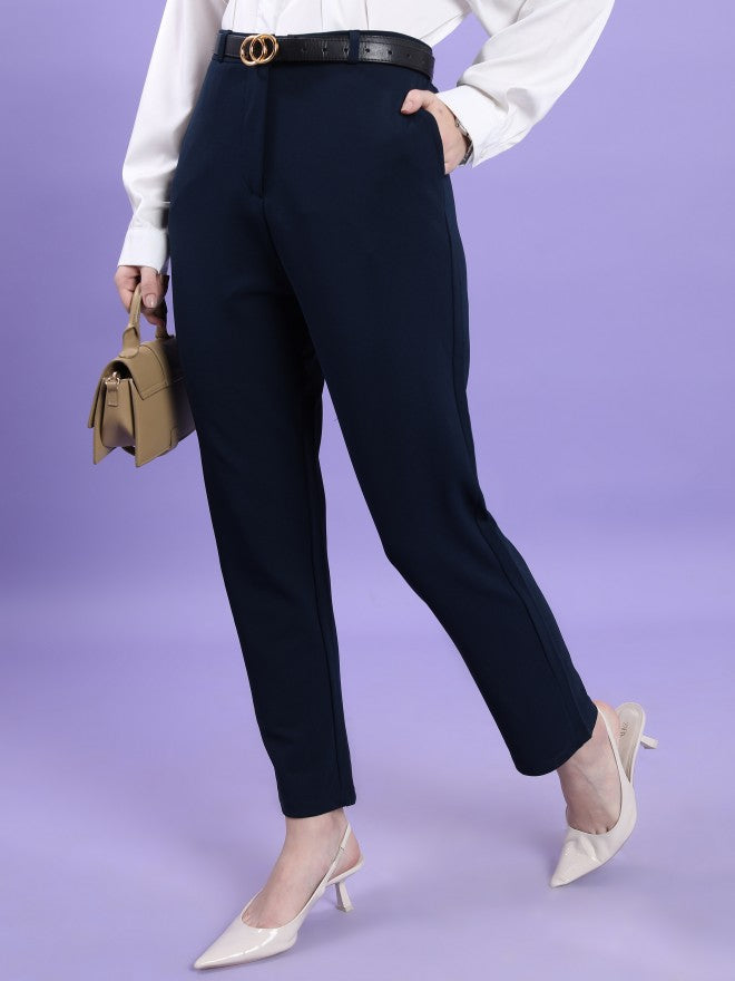 Tokyo Talkies Women Navy Blue Solid Slim Fit Casual Trouser - Navy Blue - Image 4
