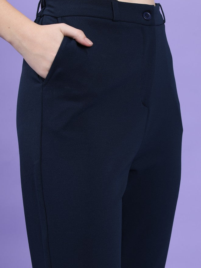 Tokyo Talkies Women Navy Blue Solid Slim Fit Casual Trouser - Navy Blue - Image 5