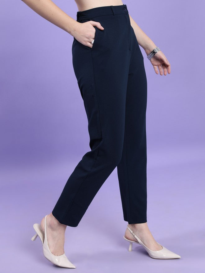 Tokyo Talkies Women Navy Blue Solid Slim Fit Casual Trouser - Navy Blue - Image 6