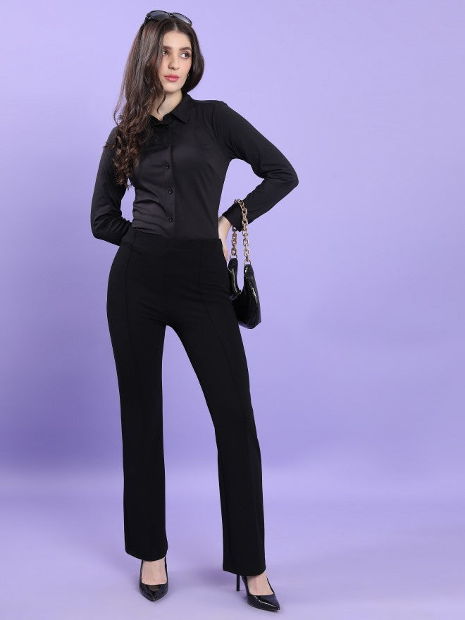 Tokyo Talkies Women Black Solid Bootcut Casual Trouser - Black - Image 2