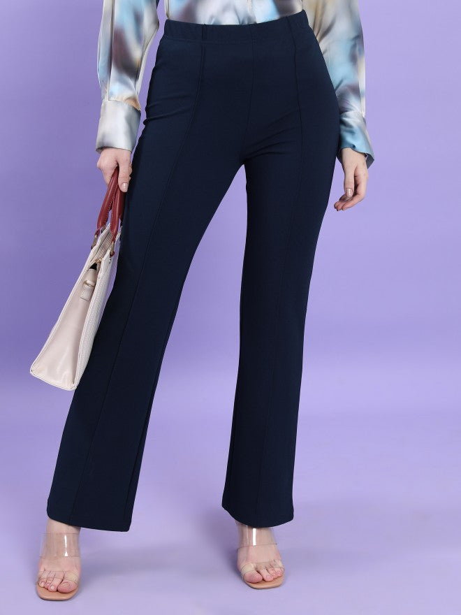 Tokyo Talkies Women Navy Blue Solid Bootcut Casual Trouser - Navy Blue - Image 1