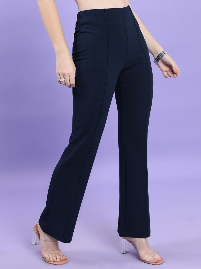 Tokyo Talkies Women Navy Blue Solid Bootcut Casual Trouser - Navy Blue - Image 6