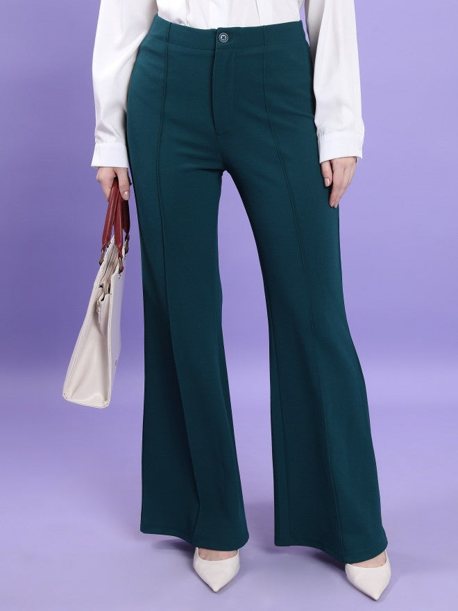 Tokyo Talkies Women Teal Solid Bootcut Casual Trouser - Teal - Image 1