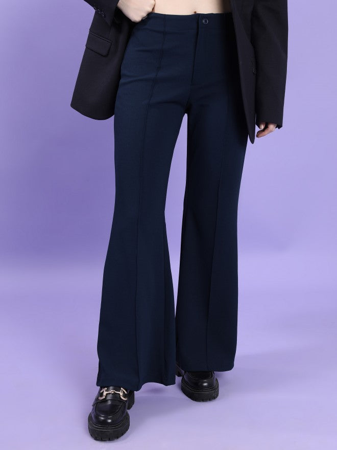 Tokyo Talkies Women Navy Blue Solid Bootcut Casual Trouser - Navy Blue - Image 1