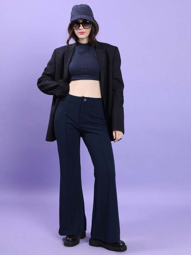 Tokyo Talkies Women Navy Blue Solid Bootcut Casual Trouser - Navy Blue - Image 2