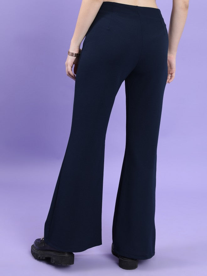Tokyo Talkies Women Navy Blue Solid Bootcut Casual Trouser - Navy Blue - Image 3