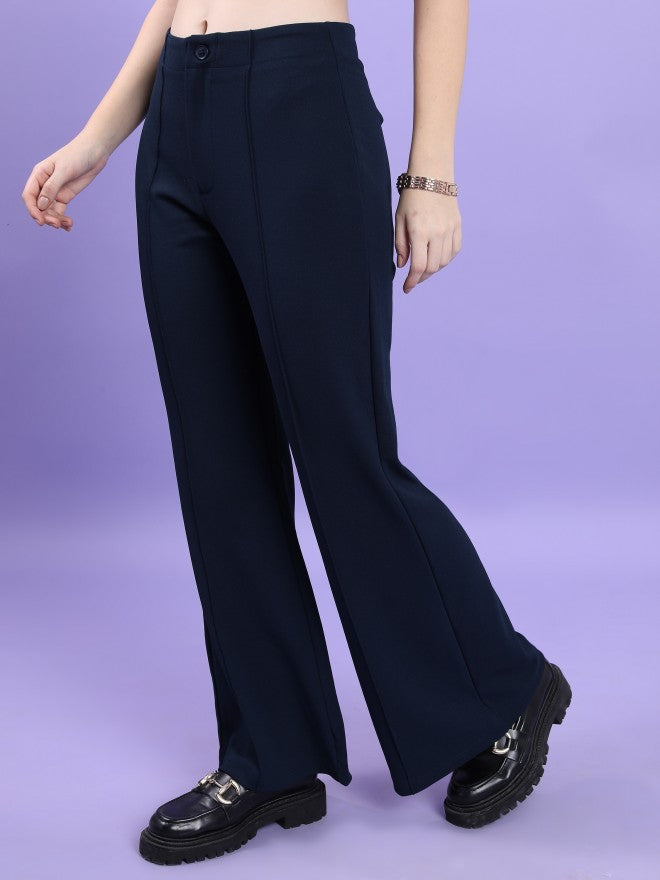 Tokyo Talkies Women Navy Blue Solid Bootcut Casual Trouser - Navy Blue - Image 4
