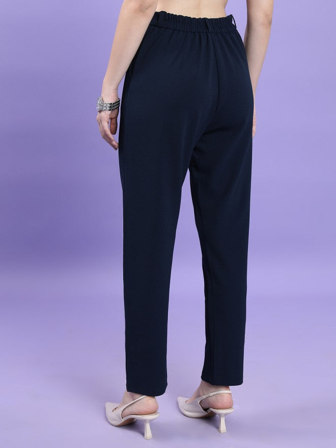 Tokyo Talkies Women Navy Blue Solid Slim Fit Casual Trouser - Navy Blue - Image 3