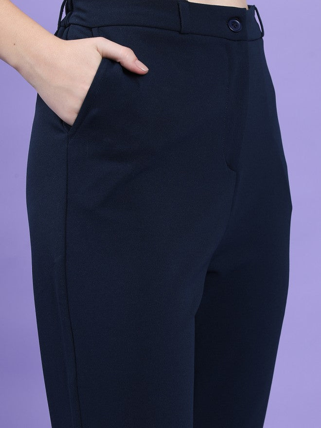 Tokyo Talkies Women Navy Blue Solid Slim Fit Casual Trouser - Navy Blue - Image 5