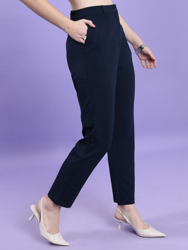 Tokyo Talkies Women Navy Blue Solid Slim Fit Casual Trouser - Navy Blue - Image 6