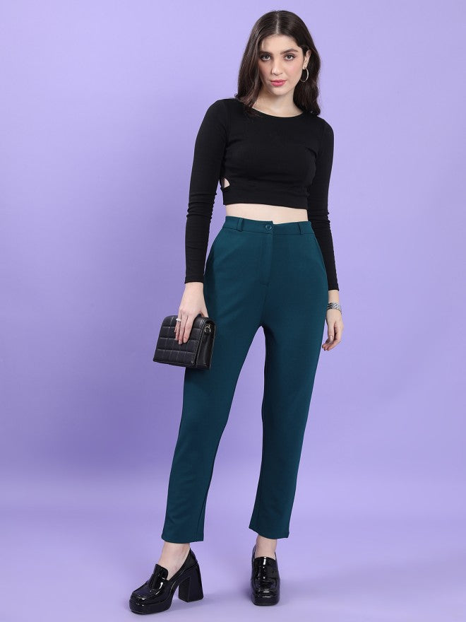 Tokyo Talkies Women Teal Solid Slim Fit Casual Trouser - Teal - Image 2