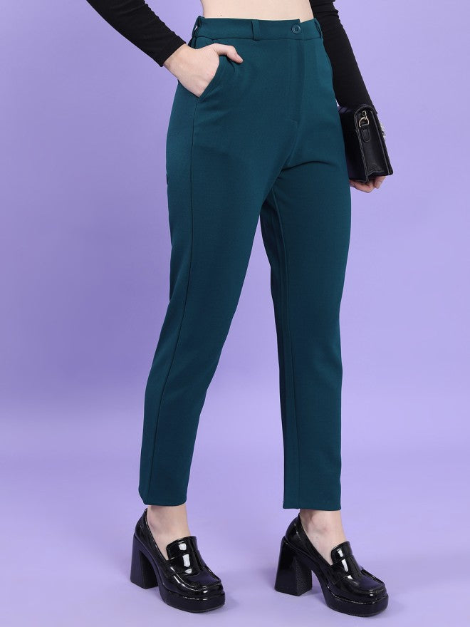 Tokyo Talkies Women Teal Solid Slim Fit Casual Trouser - Teal - Image 6