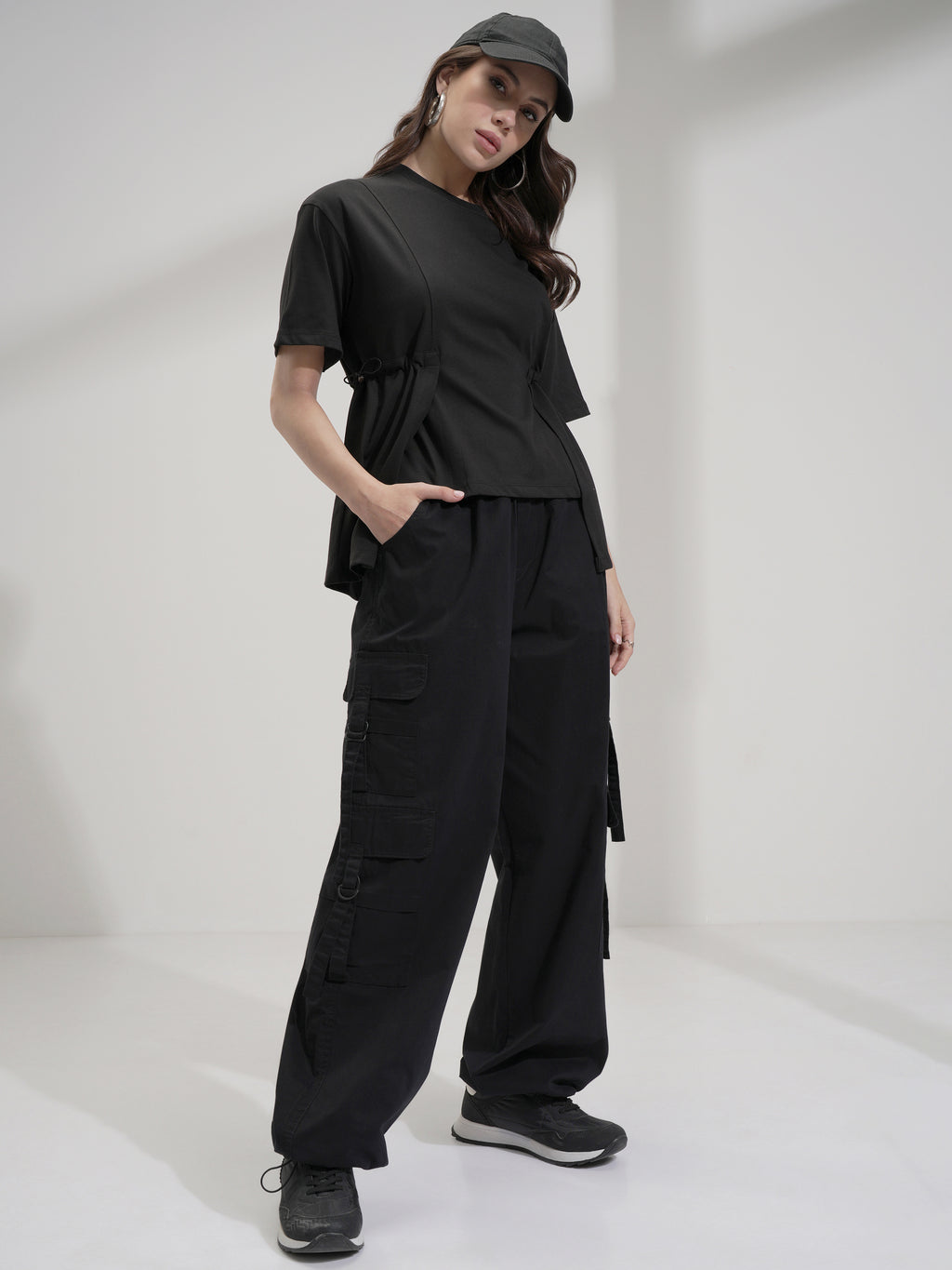 Tokyo Talkies Women Black Solid Straight Fit Cargos - Black - Image 2