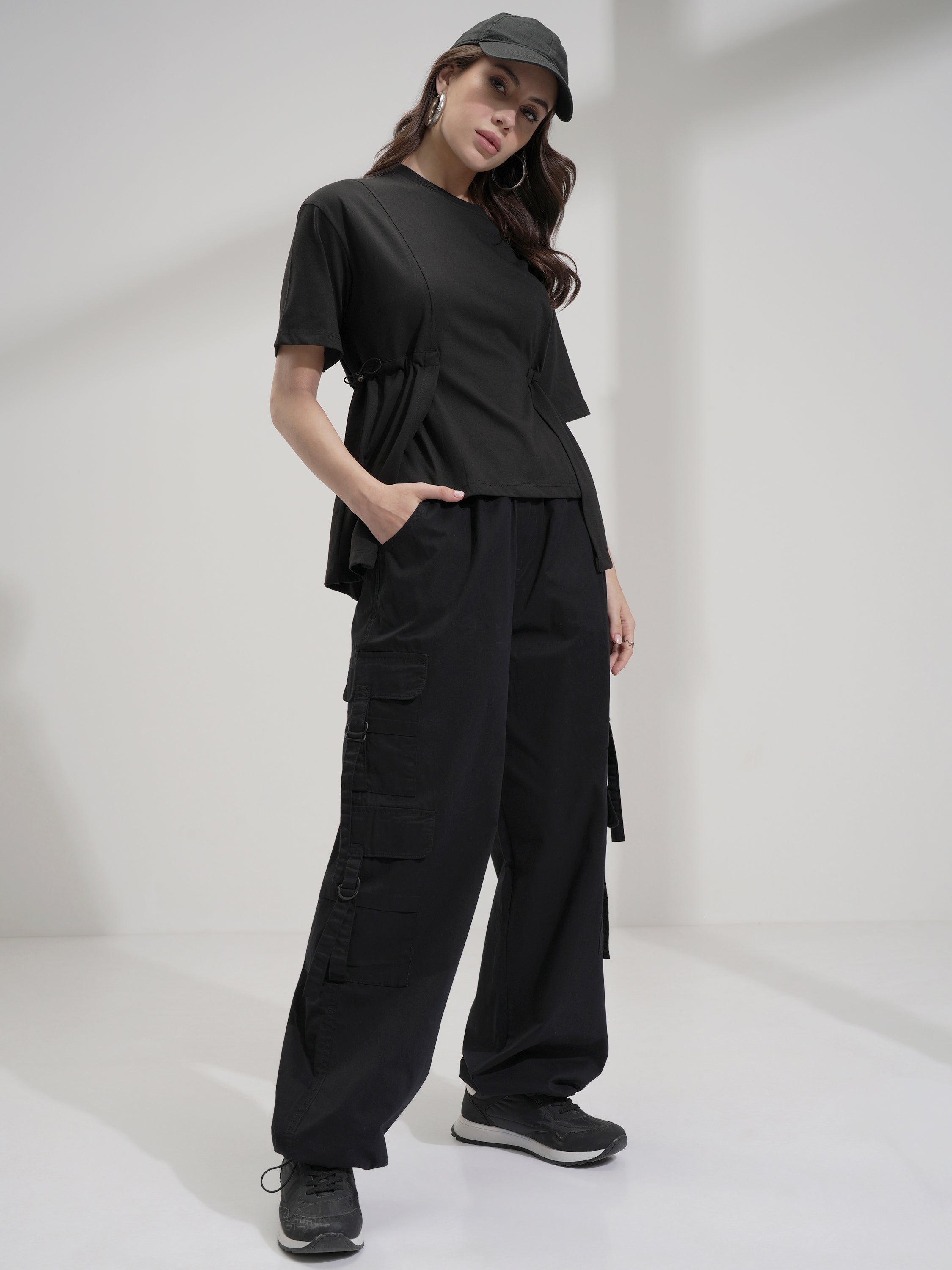 Tokyo Talkies Women Black Solid Straight Fit Cargos - Black - Image 2