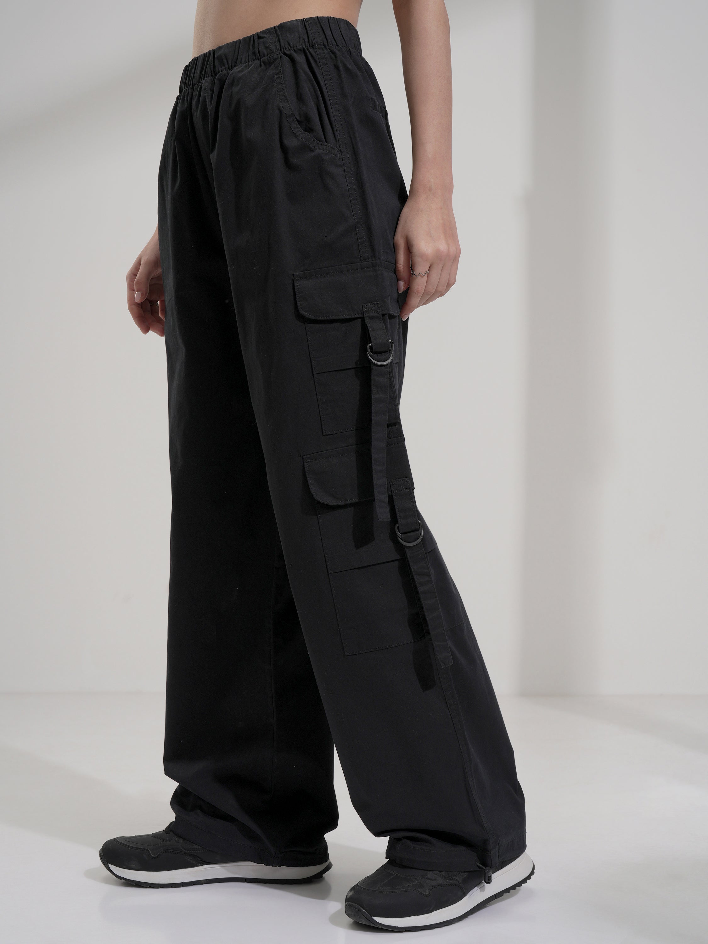 Tokyo Talkies Women Black Solid Straight Fit Cargos - Black - Image 4
