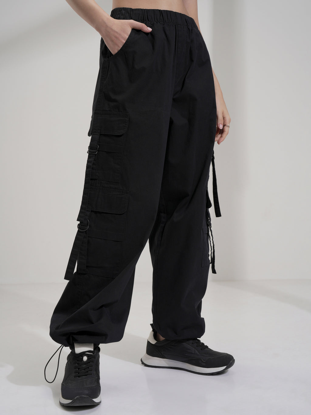 Tokyo Talkies Women Black Solid Straight Fit Cargos - Black - Image 6