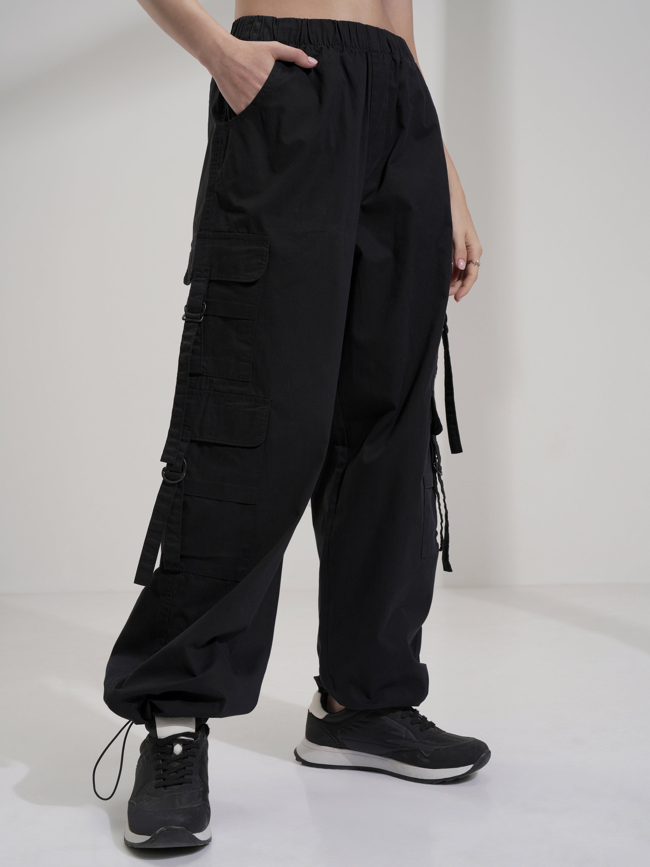 Tokyo Talkies Women Black Solid Straight Fit Cargos - Black - Image 6